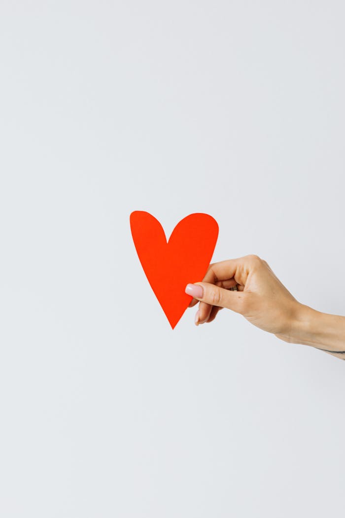 woman-hand-holding-red-paper-heart-4964485 A hand holding a red paper heart symbolizing love against a white background.